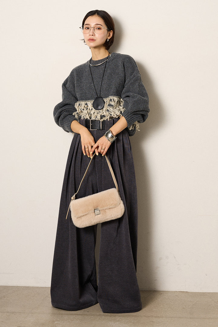 [SET]ループ編み切り替えニットプルオーバー+ベルトループコーデュロイワイドパンツ(2set)