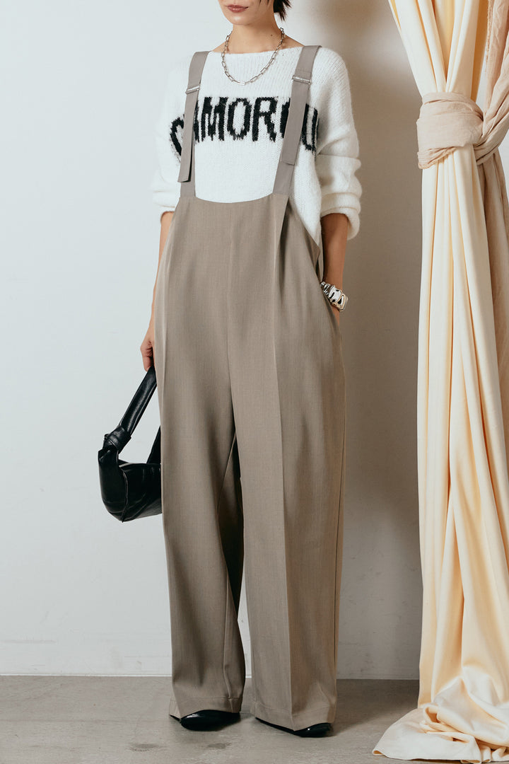 [SET]フロントロゴデザインニットトップス+ワイドツイルサロペット(2set)