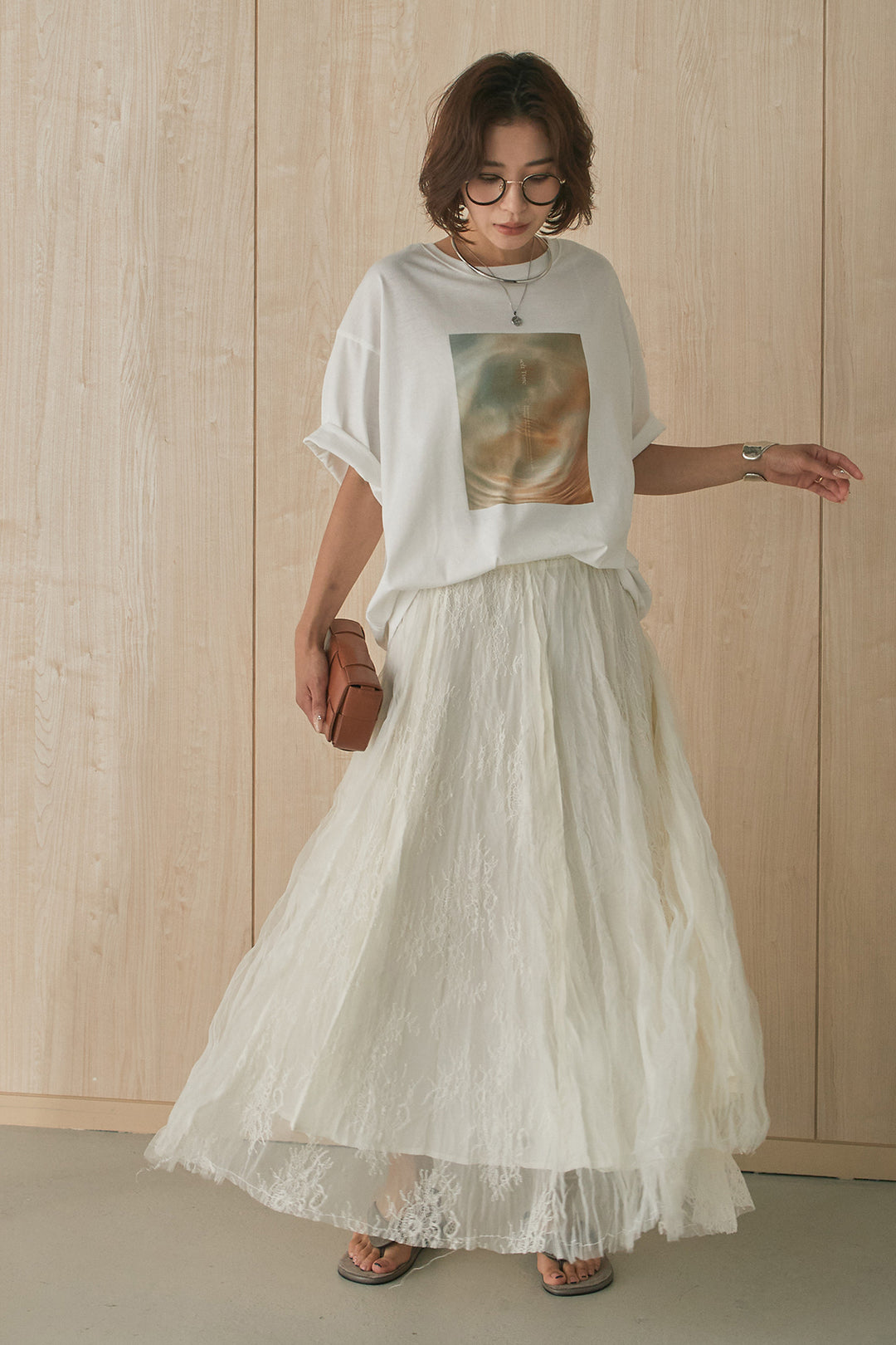 [SET]MarbleプリントTシャツ+レースコンビワッシャーギャザースカート(2set)