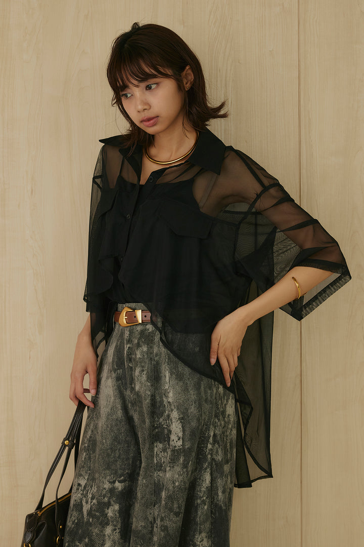 [SET]バックロングシアーシャツ+ニュアンスダイボリュームパンツ(2set)