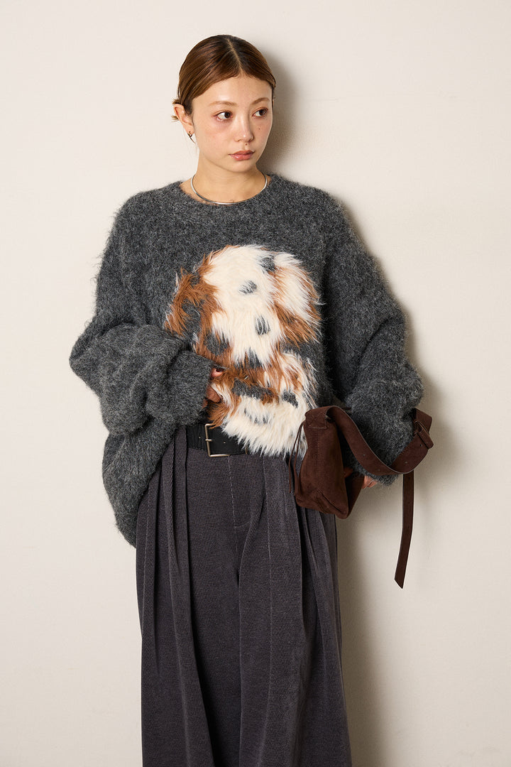 [SET]シャギーニュアンスアニマルニット+ベルトループコーデュロイワイドパンツ(2set)