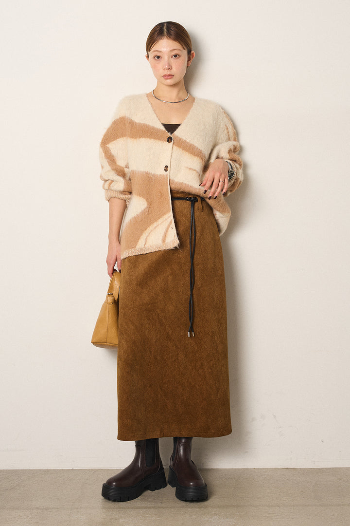 [SET]アクセントブラッシュドカーディガン+ロープベルト付きスウェード調スカート(2set)