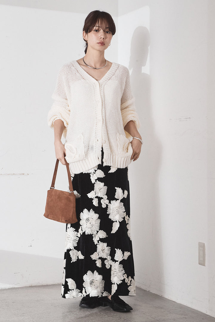 [SET]コード刺繍リラックスニットカーディガン+フラワー刺繍ワイドスカート(2set)