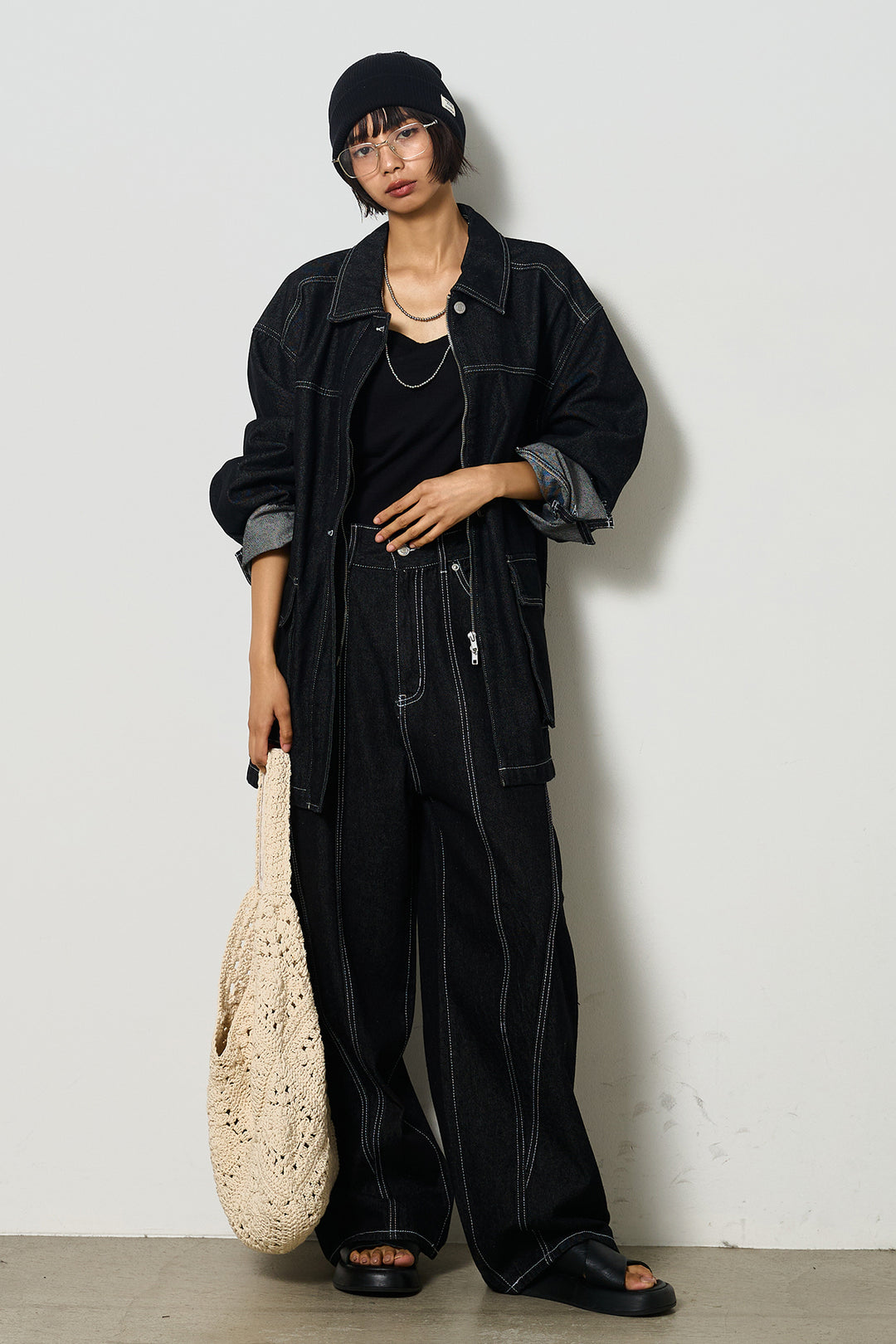 【即納】ステッチデザインデニムジップジャケット