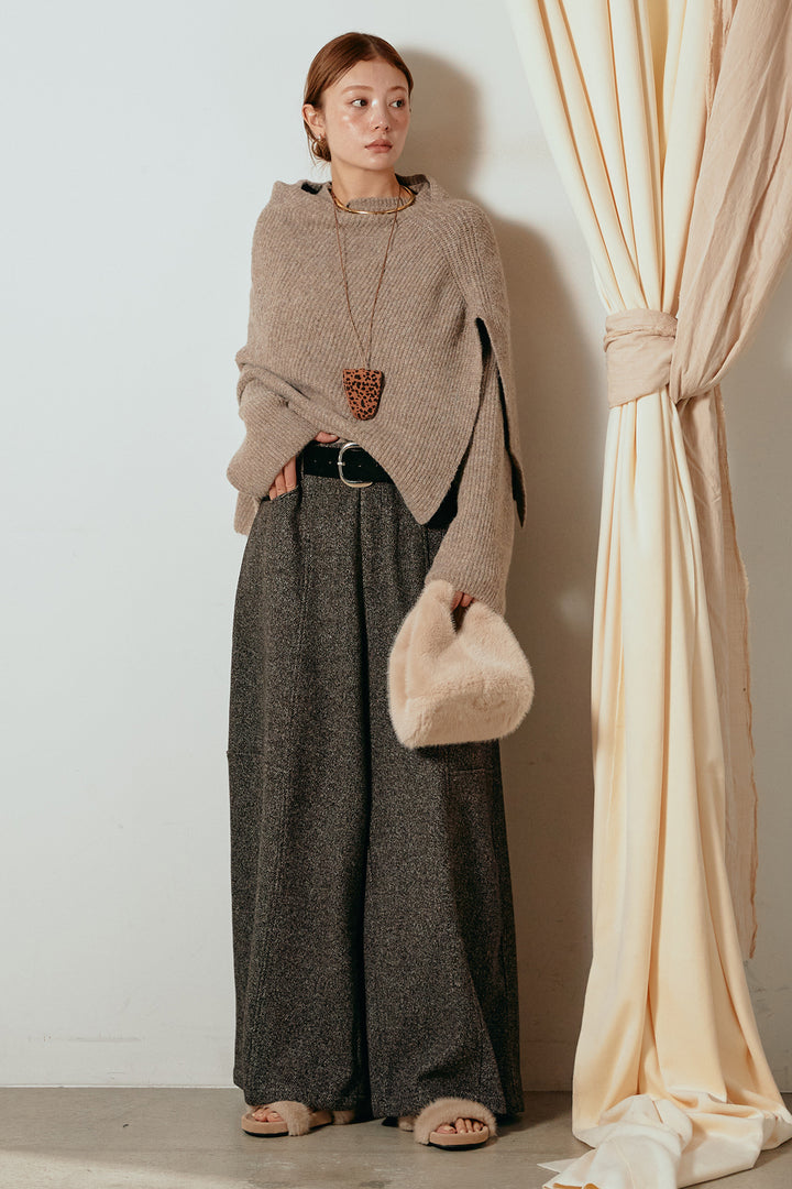 [SET]ケープデザインリブニットトップス+太ベルト付きツイードワイドパンツ(2set)