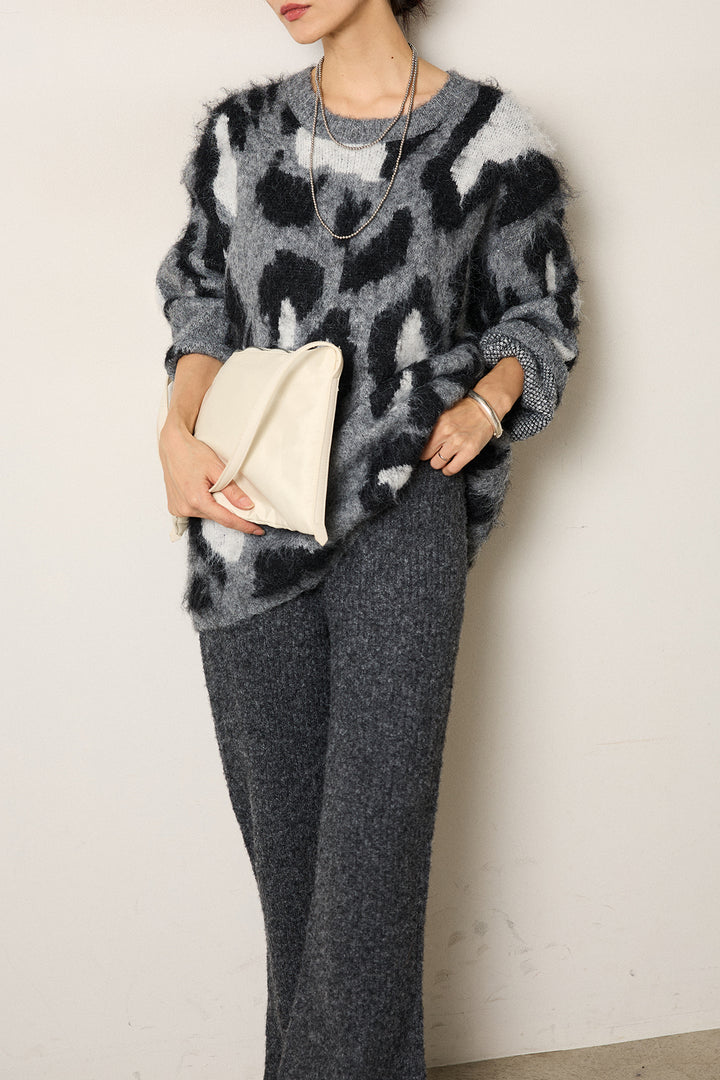 [SET]ルーズアニマルモヘアニットトップス+杢ニットリブフレアパンツ(2set)