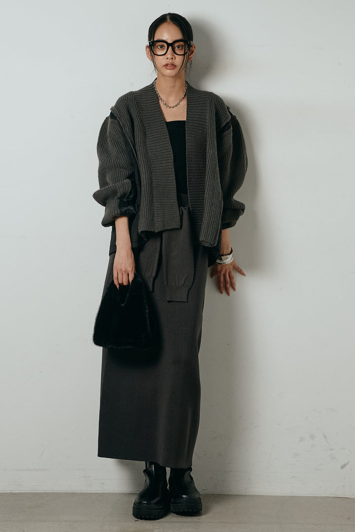 [SET]キルティング切り替えニットカーディガン+ウエストラップ巻きニットスカート(2set)