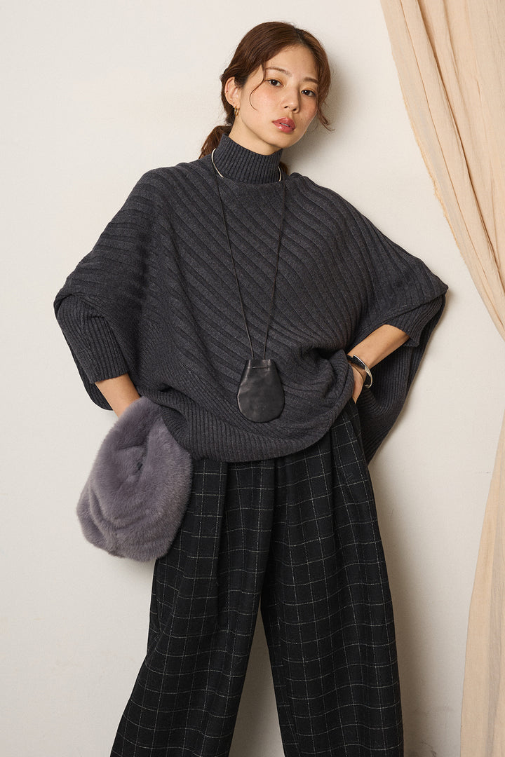 [SET]アシメデザインリブポンチョニットトップス+ウールライクチェックタックパンツ(2set)