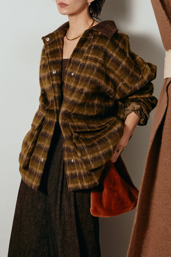 [SET]チェックシャギーミドルカバーオール+フェイクレザーベルト付きスウェードライクワイドパンツ(2set)