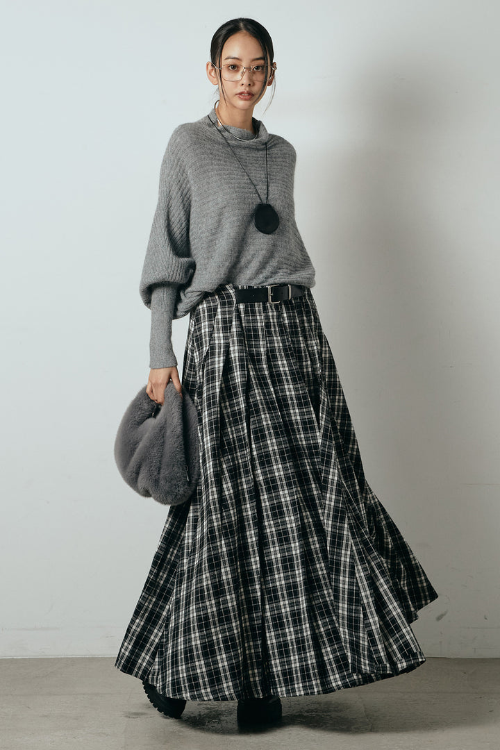 [SET]ポンチョシルエット透かしニットトップス+ベルト付きタータンチェックプリーツスカート(2set)