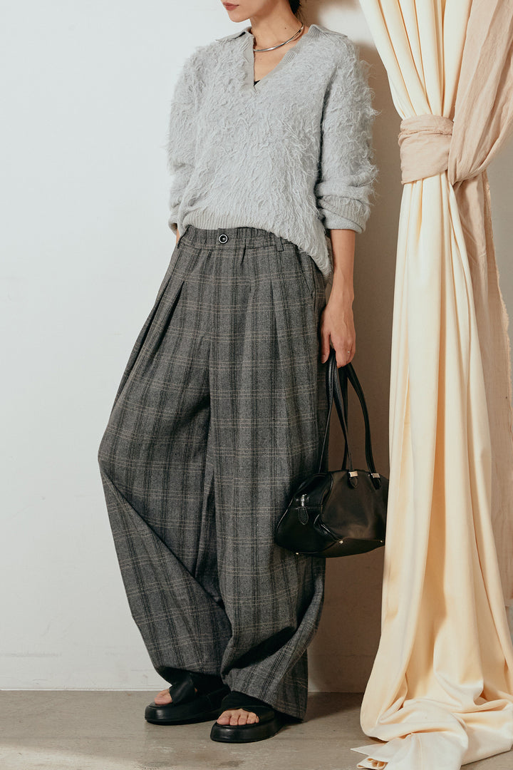 [SET]襟付きシャギーニットポロトップス+タータンチェック柄タックパンツ(2set)