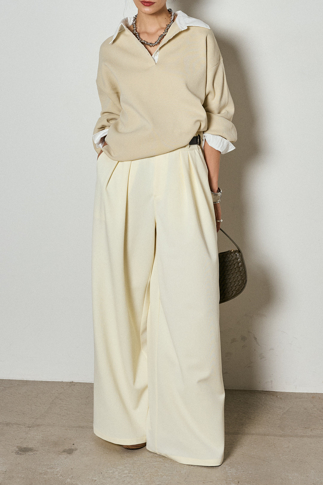 【即納】ウエストベルト付きタックワイドパンツ