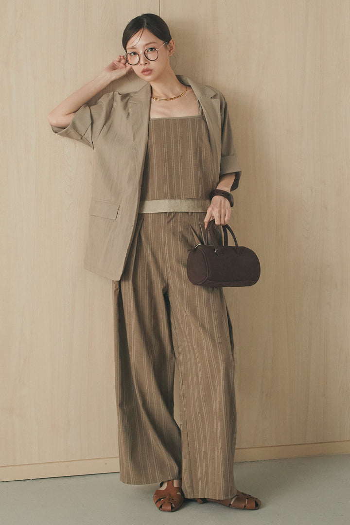 [SET]リネンライクテーラードハーフスリーブジャケット+リネンストライプタックワイドパンツ+リネンストライプレイヤードキャミ(3set)