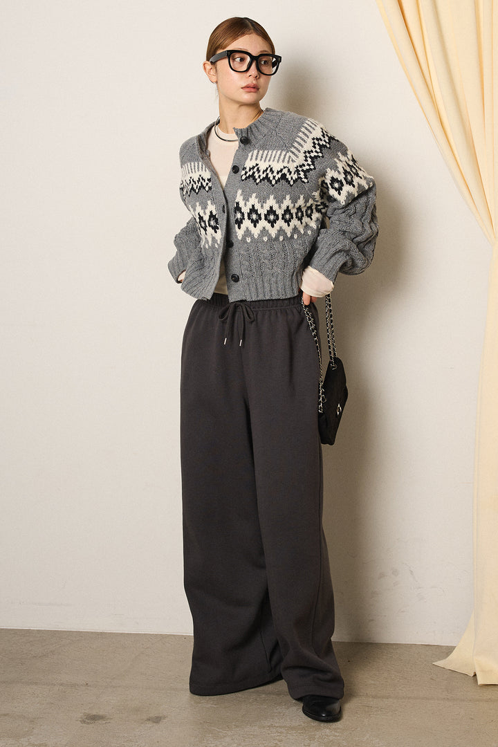 [SET]2WAY求心柄ジャガードショートカーディガン+裏起毛スウェットワイドパンツ(2set)