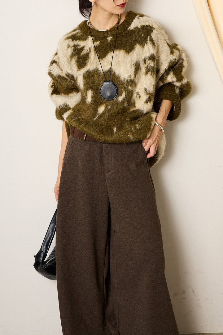 [SET]モヘアタッチマーブルニット+サイドベルトパンツ(2set)