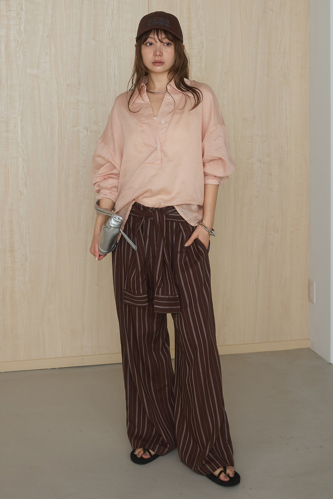 [SET]襟付きボタンブラウス+ウエスト巻きピンストライプパンツ(2set)