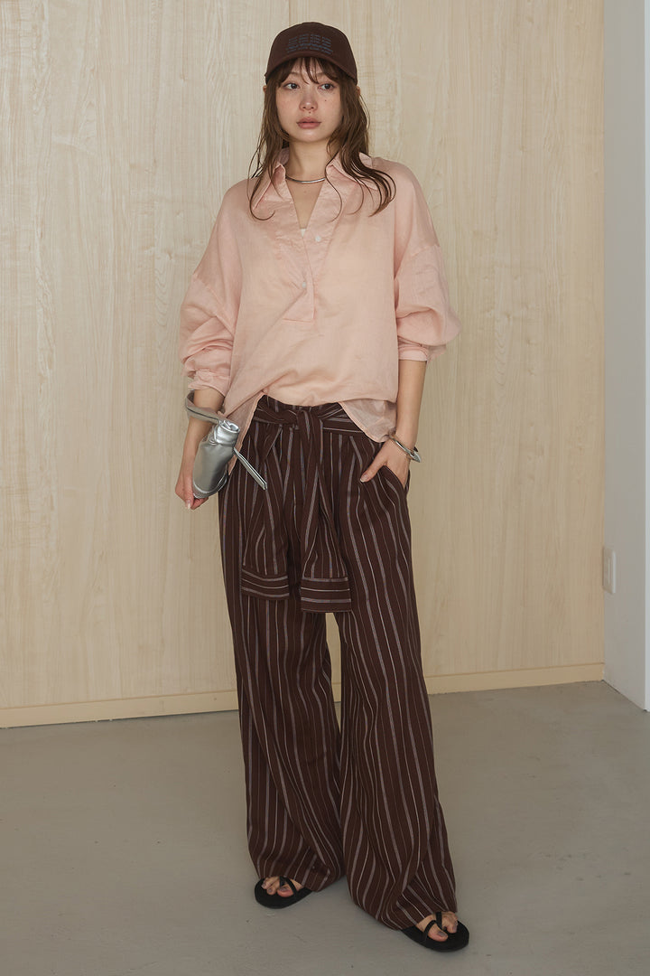 [SET]襟付きボタンブラウス+ウエスト巻きピンストライプパンツ(2set)