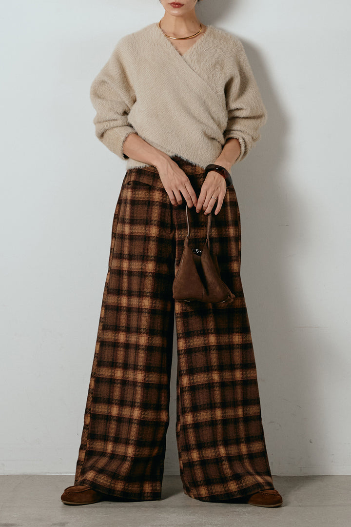 [SET]シャギーカシュクールニットトップス+ルーズタータンチェックワイドパンツ(2set)