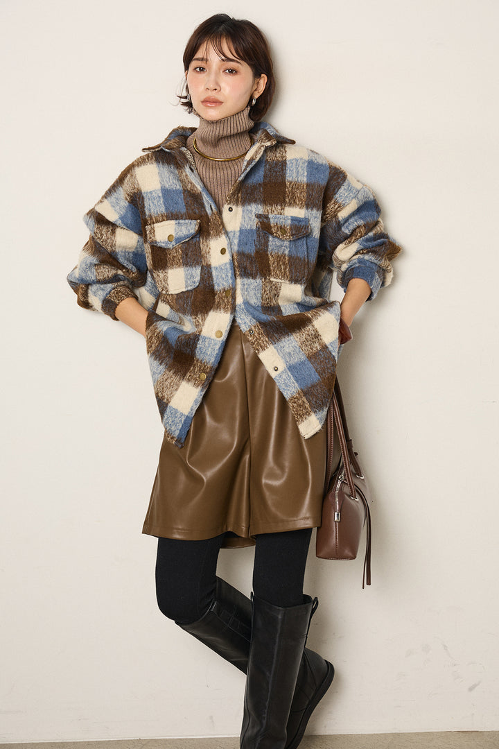 [SET]起毛チェック柄ポケットアウター+ストレッチエコレザーバミューダパンツ(2set)