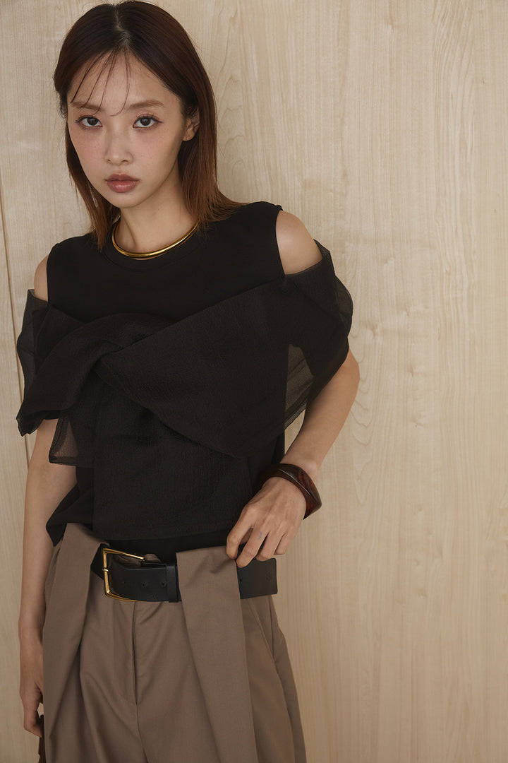 [SET]シアーレイヤーデザインカットソー+ベルトループワイドパンツ(2set)