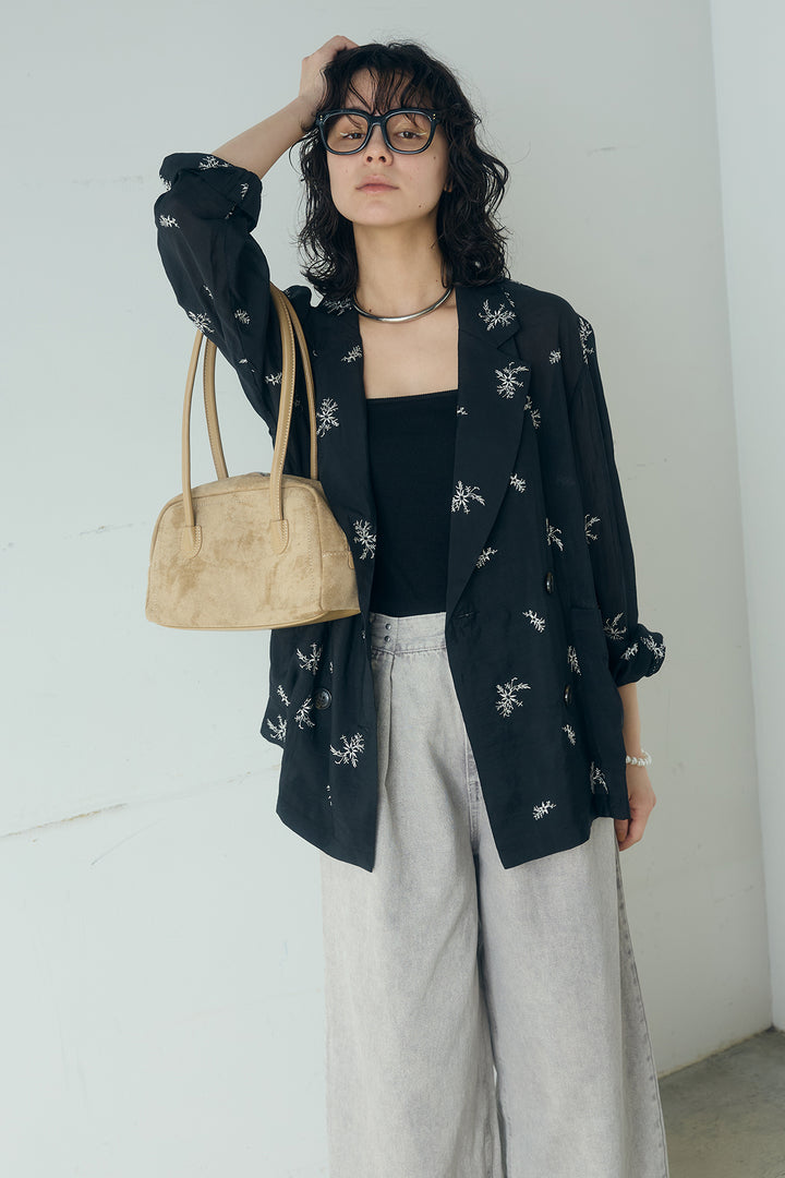 [SET]シアー刺繍ダブルジャケット+カラーデニムタックカーブパンツ(2set)