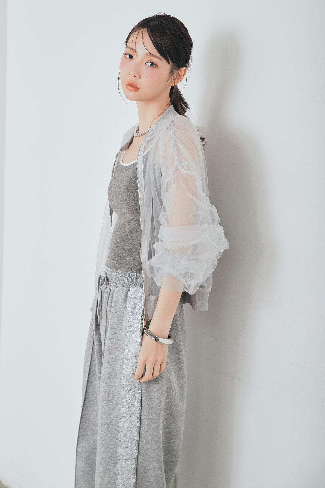 [SET]エアリーチュールスリーブシアーブルゾン+Wフェイスカットソーサイドレースラインパンツ(2set)