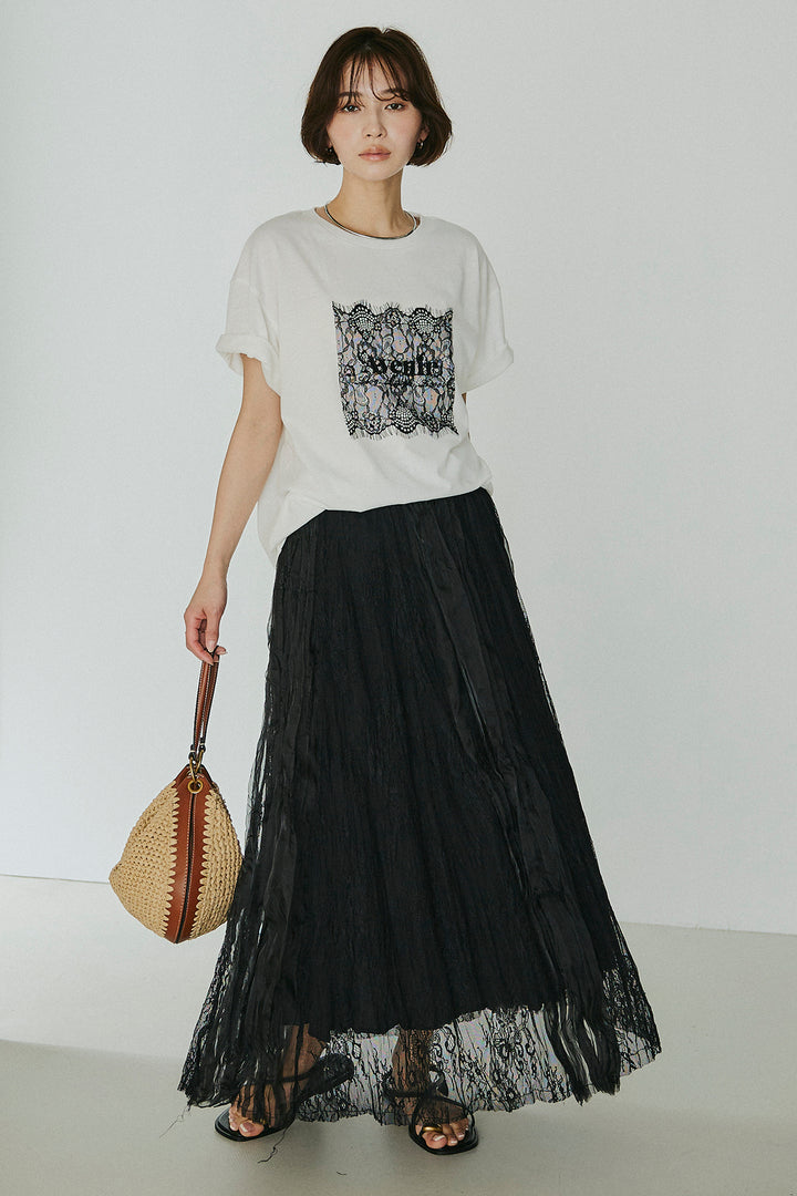[SET]レースロゴ刺繍Tシャツ+レースコンビワッシャーギャザースカート(2set)