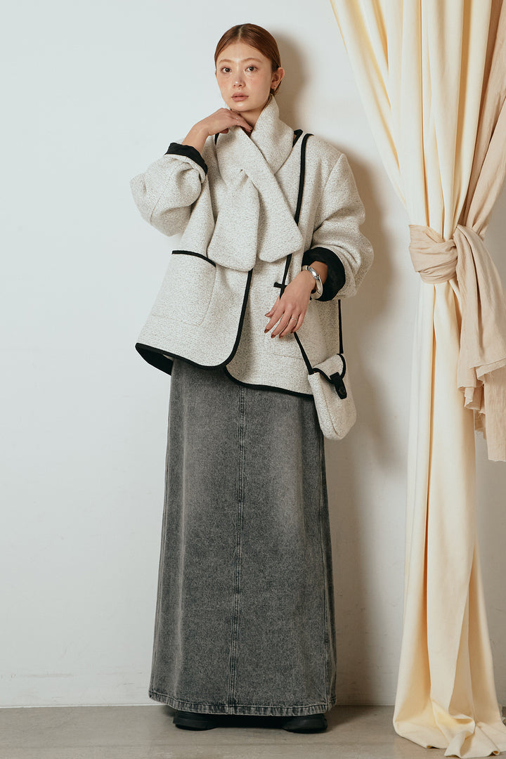 [SET]ノーカラーマフラーバッグ付きアウター+デニムロングフレアスカート(2set)