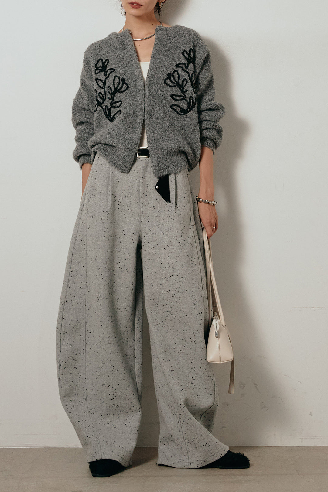 【即納】ベルト付きネップツイードカーブパンツ/グレー