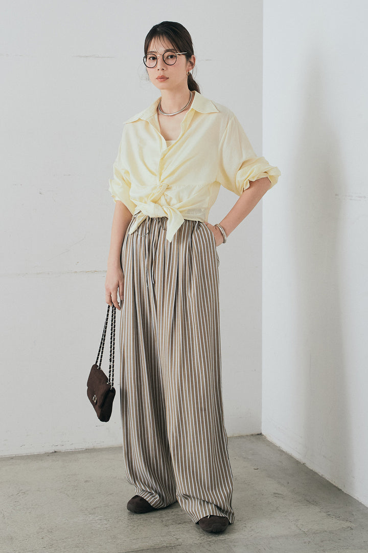 [SET]裾巻きツイストデザインシャツ+レーヨンストライプイージーワイドパンツ(2set)