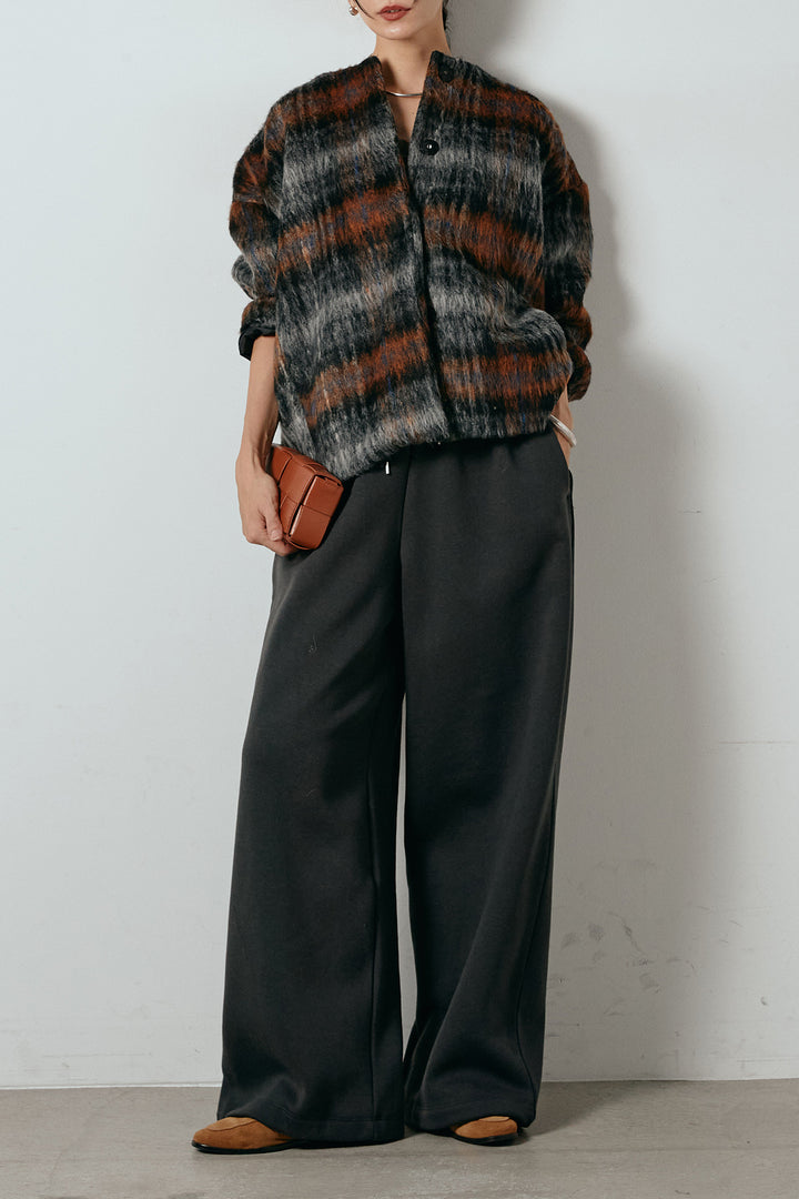 [SET]ノーカラーシャギーチェックアウター+裏起毛スウェットワイドパンツ(2set)