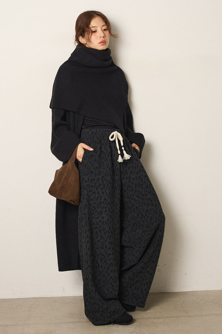 [SET]ケープレイヤードロングカーディガン+レオパードジャガードニットパンツ(2set)