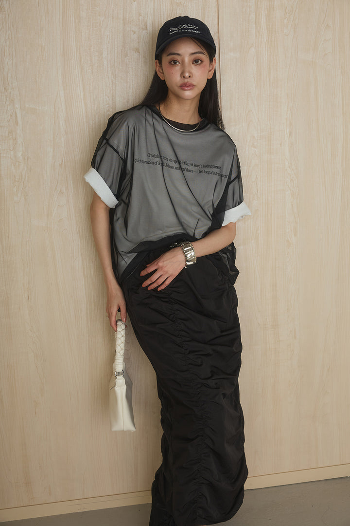 [SET]綿天竺Tシャツ×チュールトップス+ギャザーナロースカート(2set)