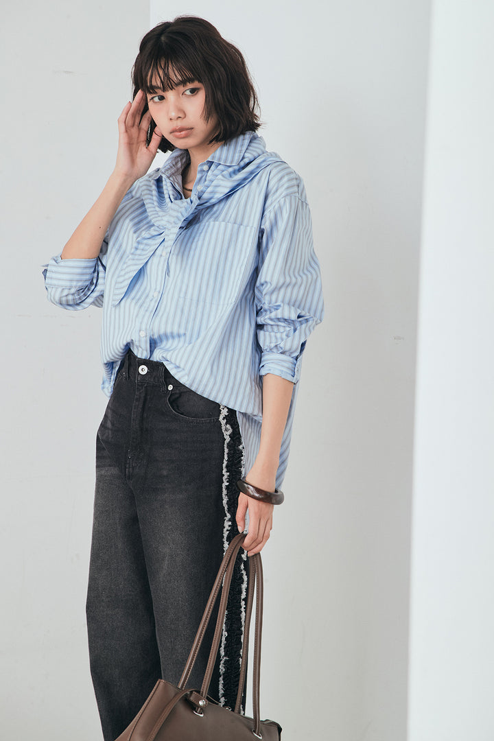 [SET]ランダムストライプスカーフ付きシャツ+デニムサイドフリルパンツ(2set)