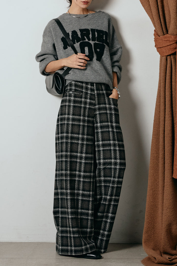 [SET]ロゴジャガードニットトップス+ルーズタータンチェックワイドパンツ(2set)