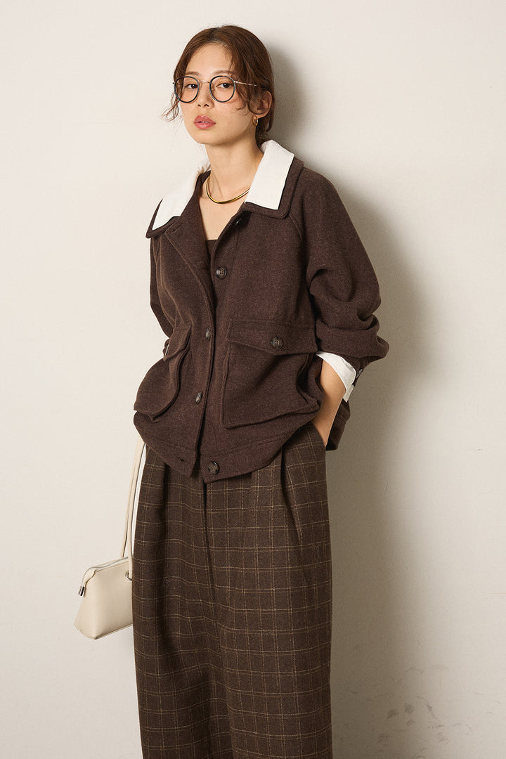 [SET]衿レイヤードフェイクウールジャケット+ウールライクチェックタックパンツ(2set)