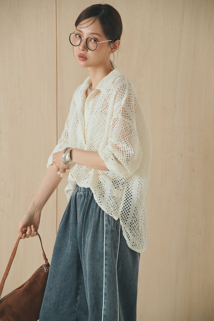 [SET]長袖襟付きレースシャツ+ドロストサイドラインデニムパンツ(2set)