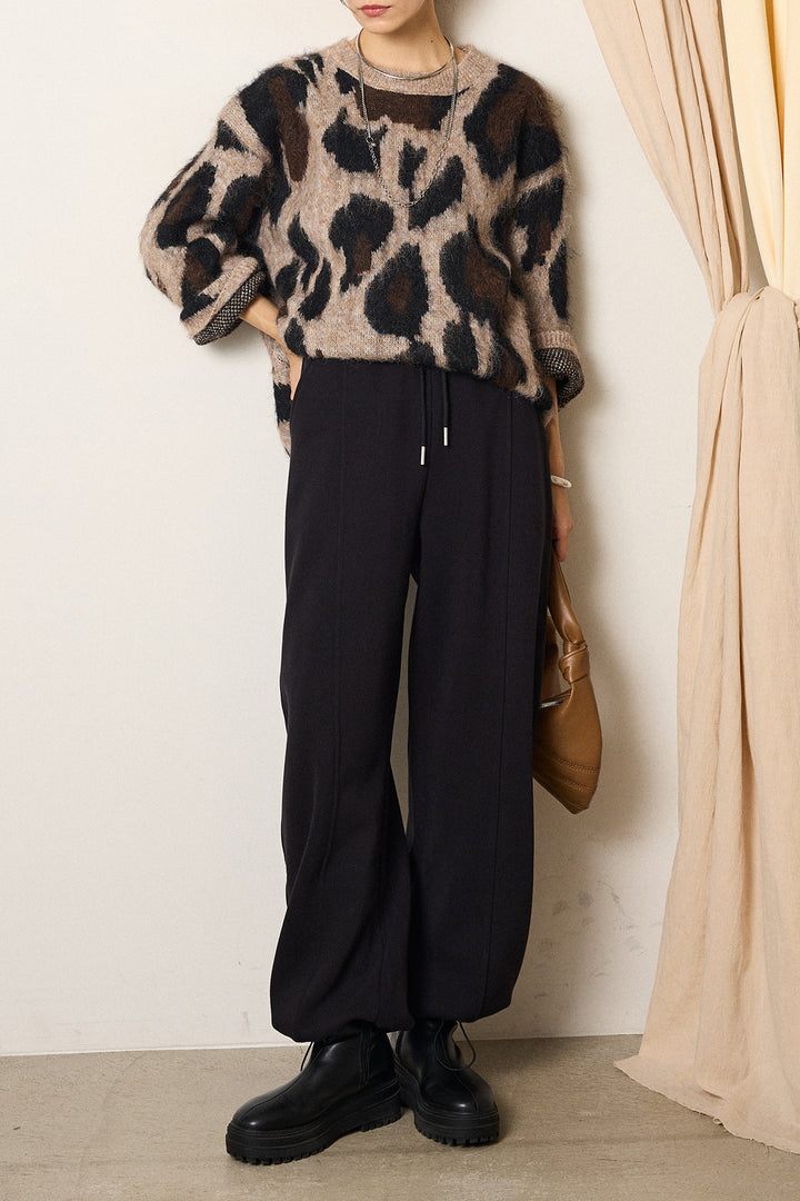 [SET]ルーズアニマルモヘアニットトップス+スウェットワイドカーブパンツ(2set)