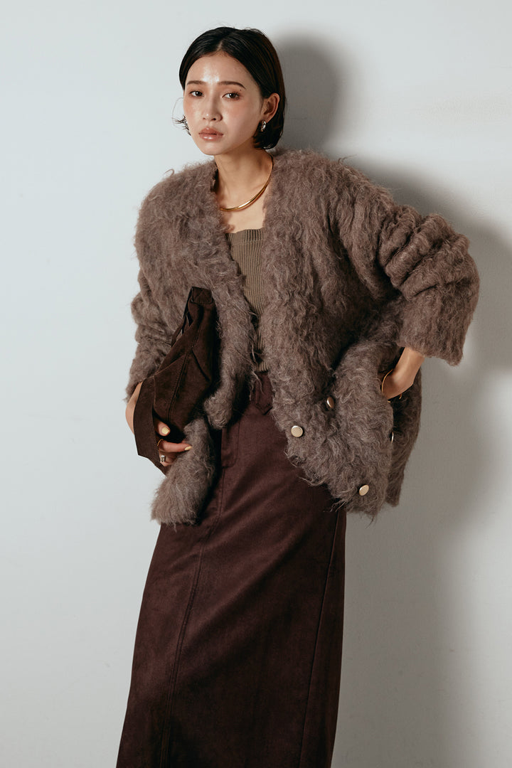 [SET]ウェーブシャギーニットジャケット+スウェードライク裾フリンジスカート(2set)