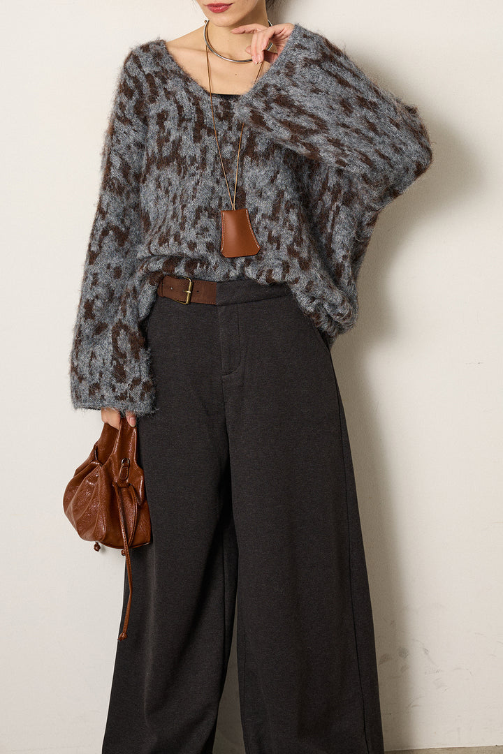 [SET]フラッフィーレオパードシャギーニット+サイドベルトパンツ(2set)