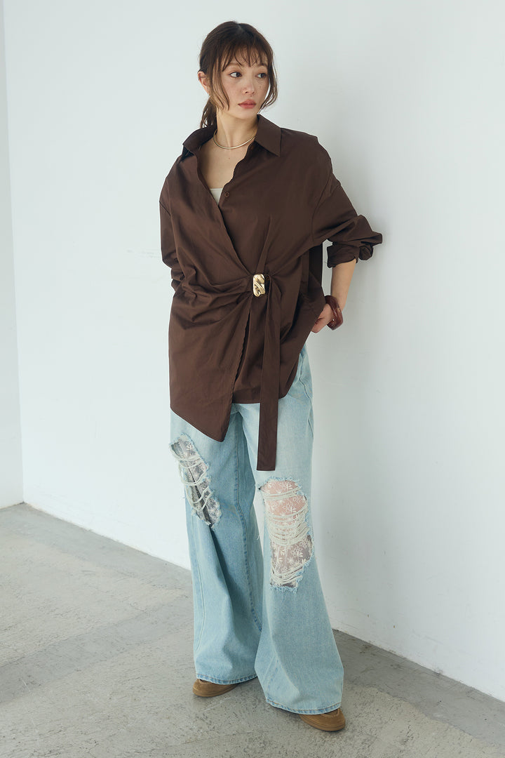 [SET]サイド留め具デザインシャツ+デニムレース付きワイドパンツ(2set)