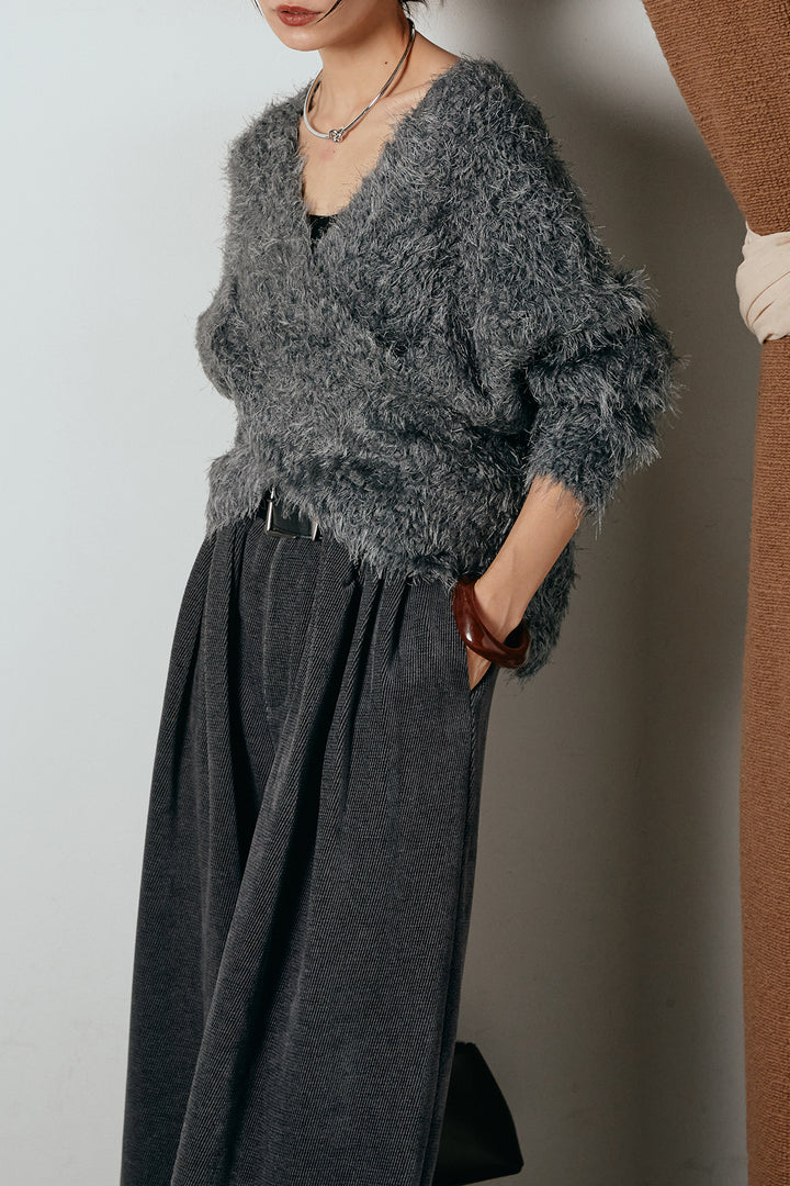 [SET]シャギークロスニットトップス+ベルトループコーデュロイワイドパンツ(2set)