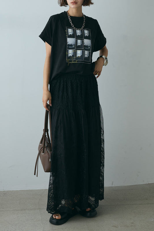 【着回しセット】フォトプリントラグランTシャツ+ミックスレース刺繍スカート+フォトプリントラグランTシャツ(3set)