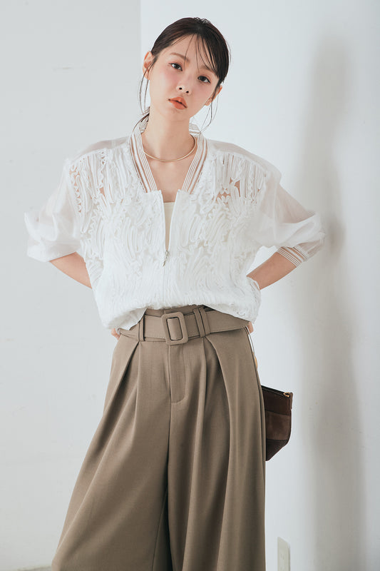 [SET]モチーフ付きシアーブルゾン+ベルト付きツータックワイドパンツ+ベルト付きツータックワイドパンツ(3set)