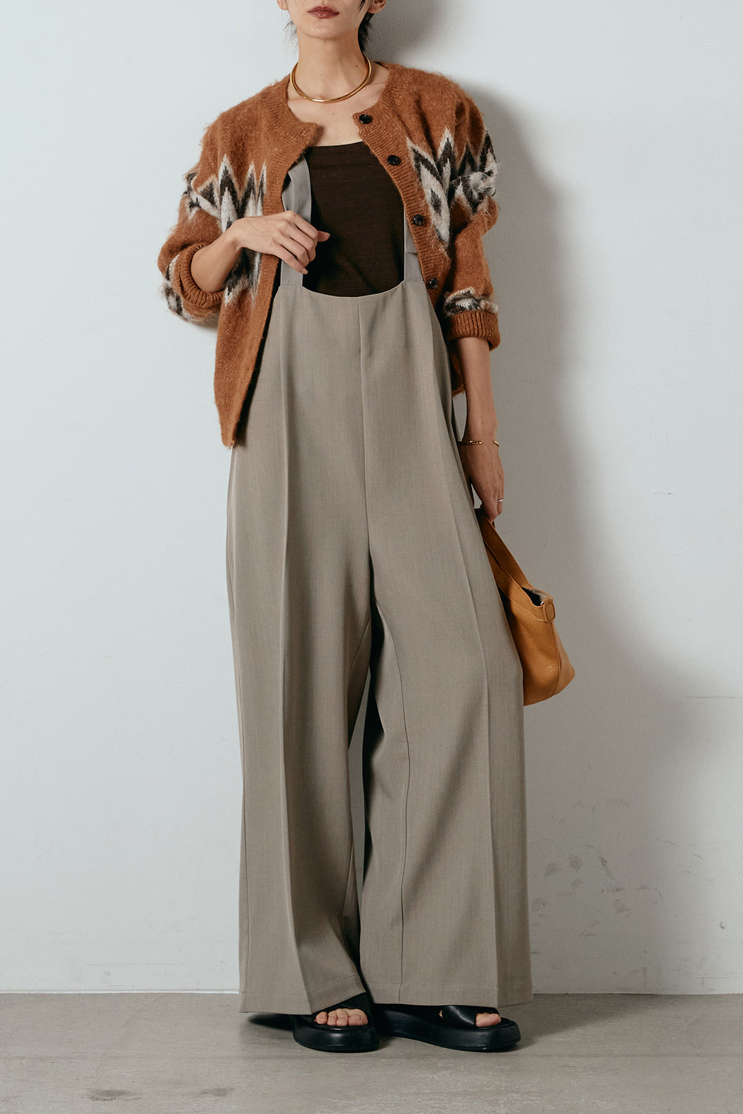 [SET]起毛ノルディック柄ニットカーディガン+ワイドツイルサロペット(2set)