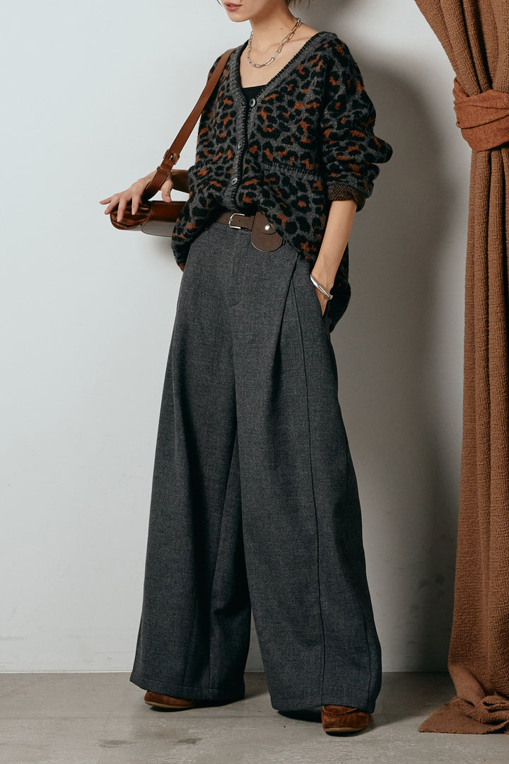 [SET]ステッチデザインレオパードニットカーディガン+ポーチベルト付きカーブパンツ(2set)