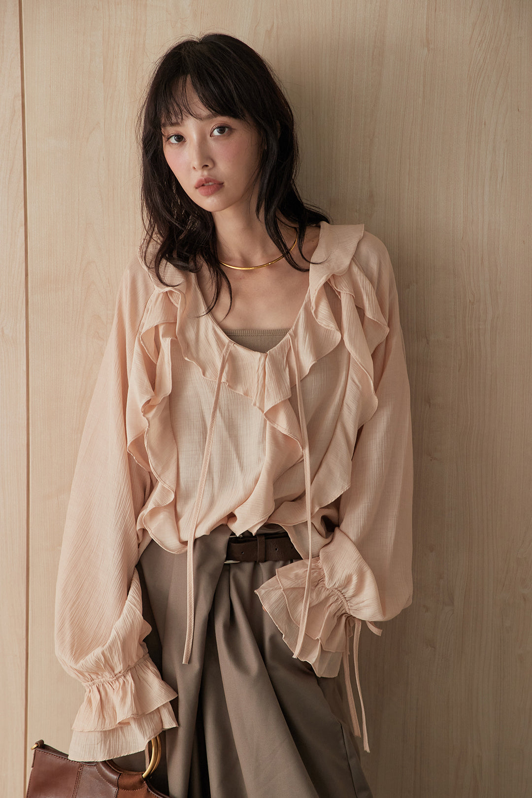 [SET]長袖ルーズフリルブラウス+サイドベルトデザインタックワイドパンツ(2set)