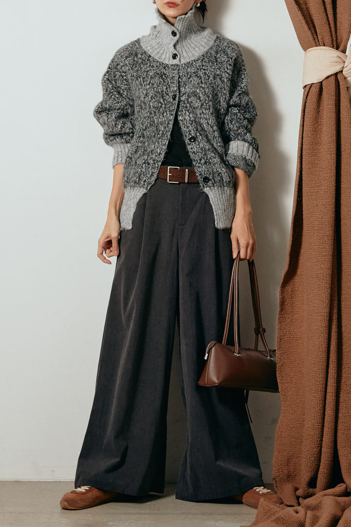 [SET]ハイネックミックスニットトップス+太ベルト付きコーデュロイタックパンツ(2set)