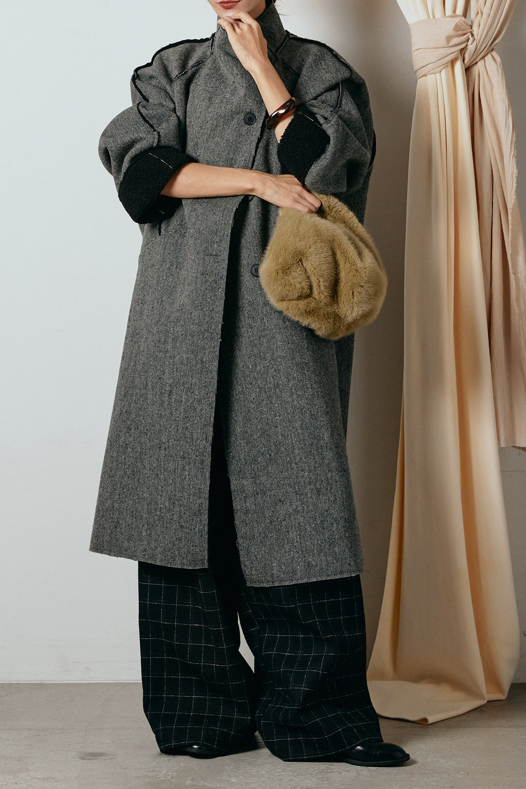 [SET]裏地ボアハイネックロングアウター+ウールライクチェックタックパンツ(2set)