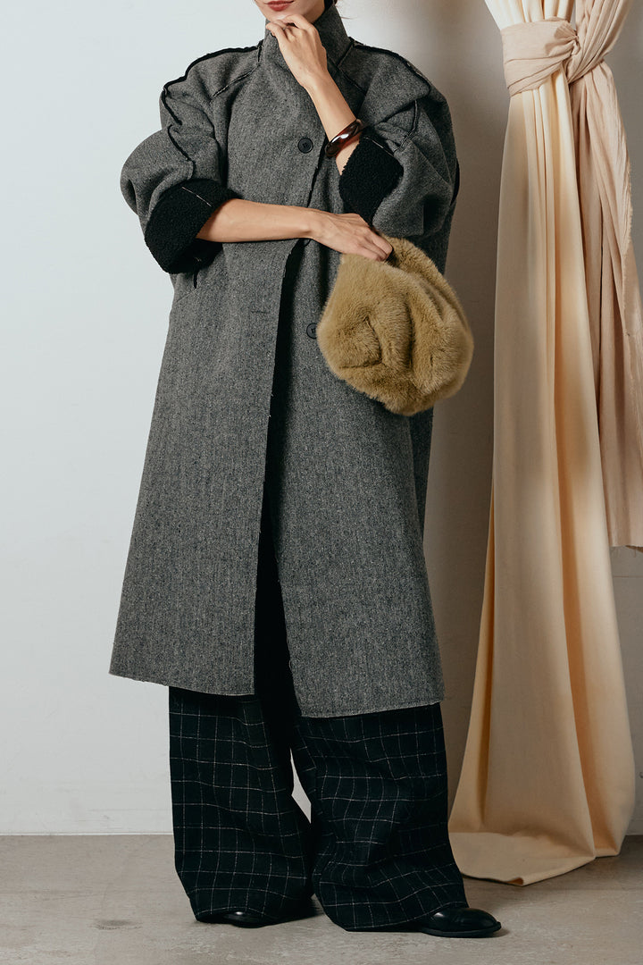 [SET]裏地ボアハイネックロングアウター+ウールライクチェックタックパンツ(2set)